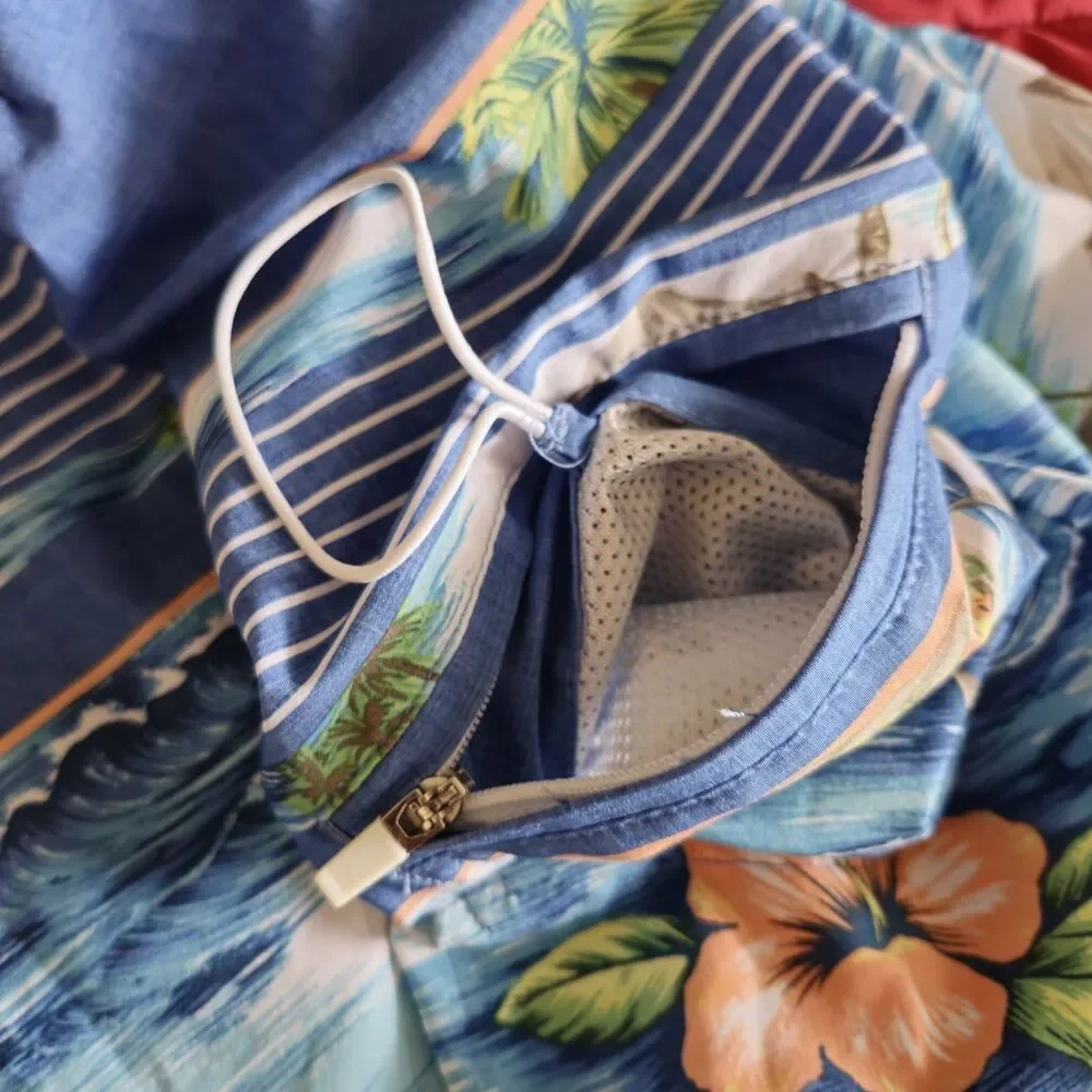 Ron Jon Surf Shorts Men 34 Blue Peach Beach Graphic Hawaiian Floral Zip Pocket - Picture 5 of 10